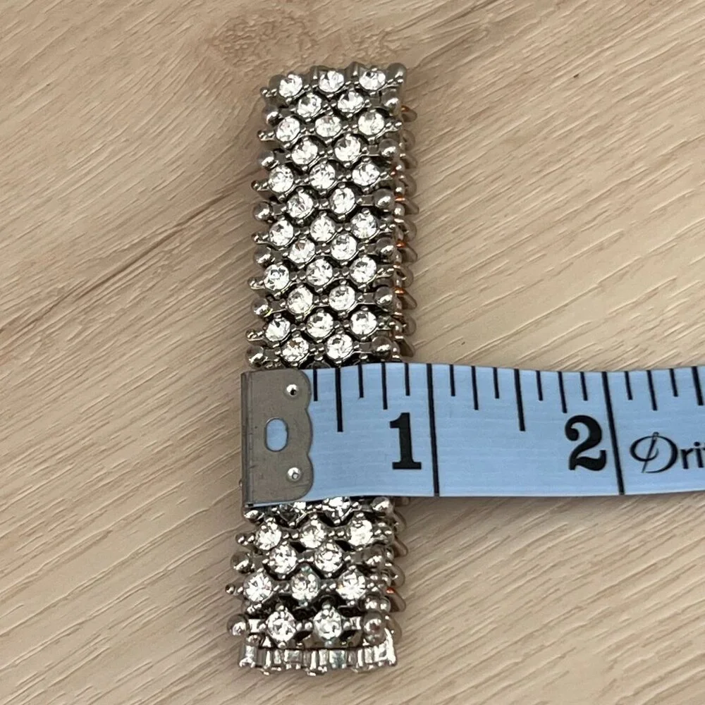 Vintage White Rhinestone Silver-tone Metal  1" Wide Stretch Bracelet / Showgirl - Picture 10 of 14